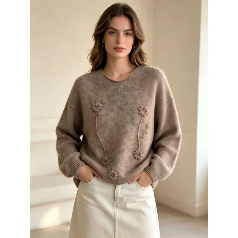 Womens Oversized Soft Alpaca-Blend Knit Sweater With 3D Floral Embroidery Round Neck Long Sleeve Fall Winter 2026