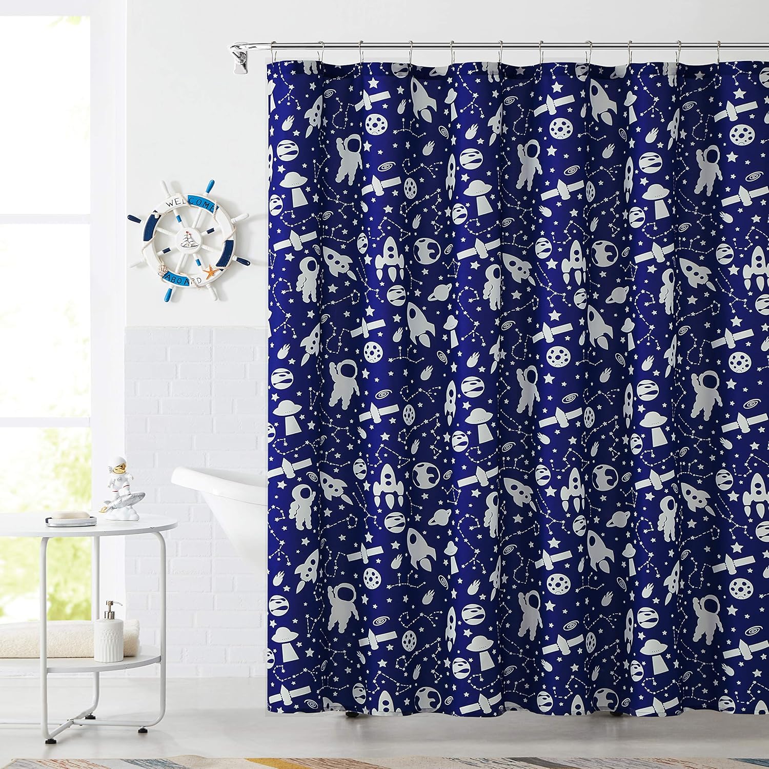 

Central Park Navy Blue Shower Curtains For Kids Bathroom Water Resistant Space Planet Theme Cartoon Decorative Pattern Spa W60H190(CM)-1 Pcs