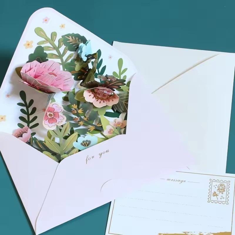 Romantic 3D Pop-up Flower Greeting Cards Birthday Christmas Postcard with Envelope Paper Cards Set for Wedding Party Decor Gifts