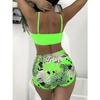 Damen-Bikini-Set, fluoreszierend grün, hohe Taille, Blumendruck, 2-teiliger Badeanzug, Kordelzug, plissiert, V-Ausschnitt, Badeanzug 2025, Neu