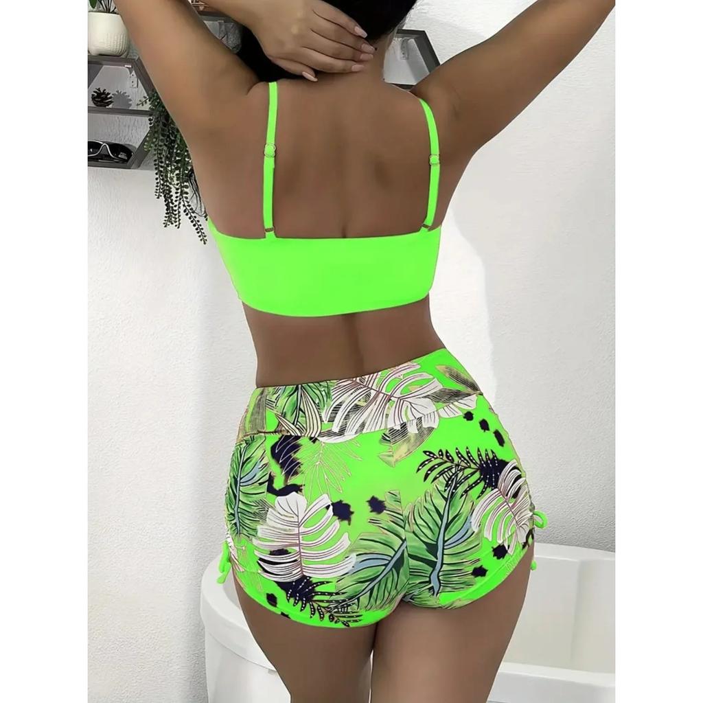 Women's Bikini Set Fluorescent Green High Waist Floral Print 2 Piece Swimsuit Drawstring Pleated V-neck Bathing Suit 2025 New