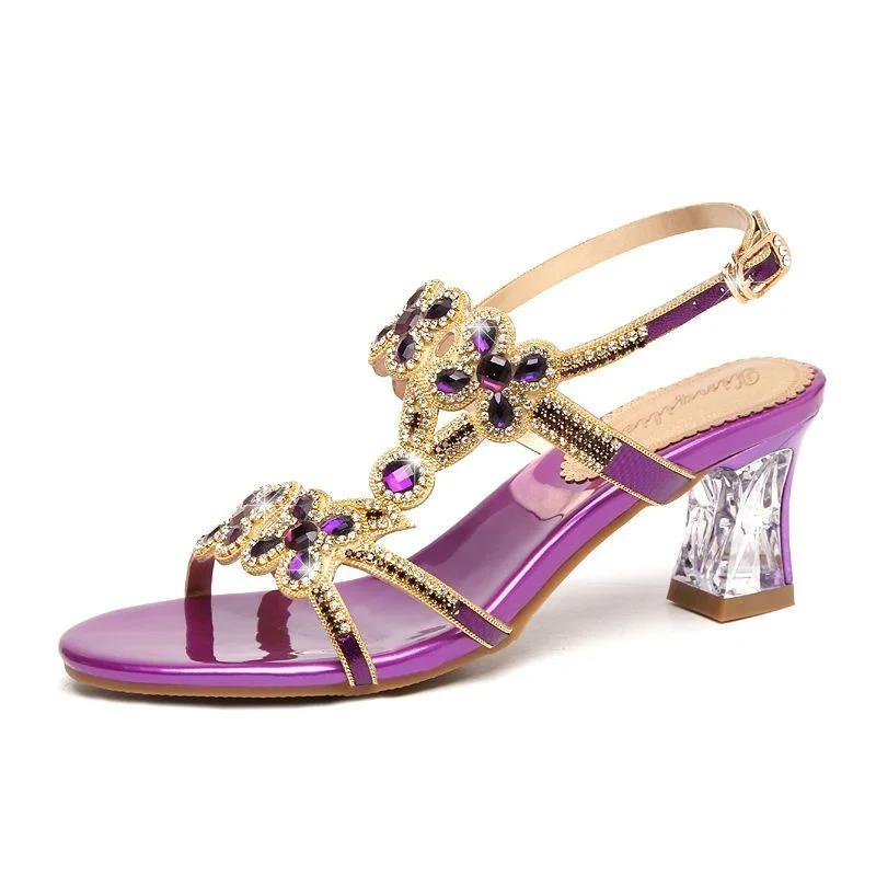 Summer New Style Rhinestone High Heel Sandals Women's Open Toe Fashion Elegant Beach Shoes Roman Diamond-encrusted Shoes