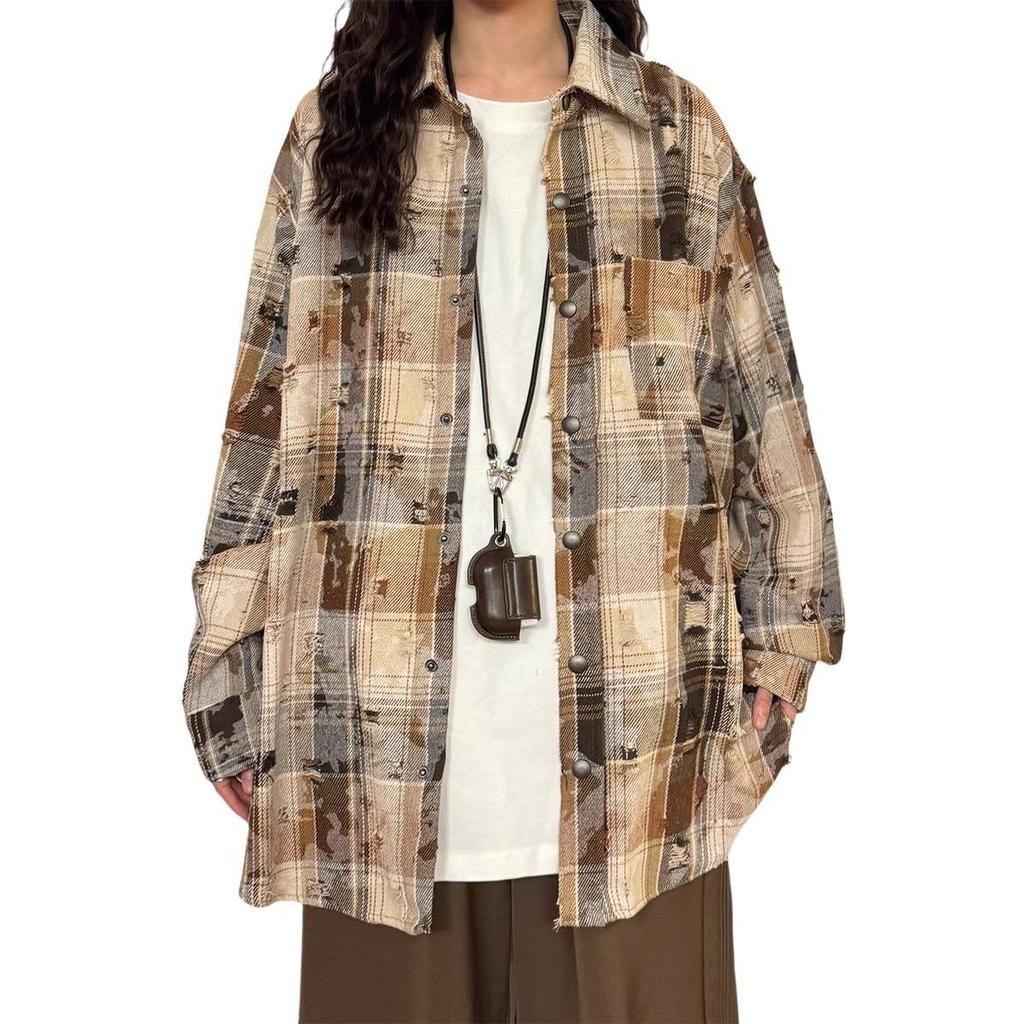 Camicia da Donna Autunno 2025 Retrò Tie-Dye a Quadri a Maniche Lunghe con Quattro Bottoni