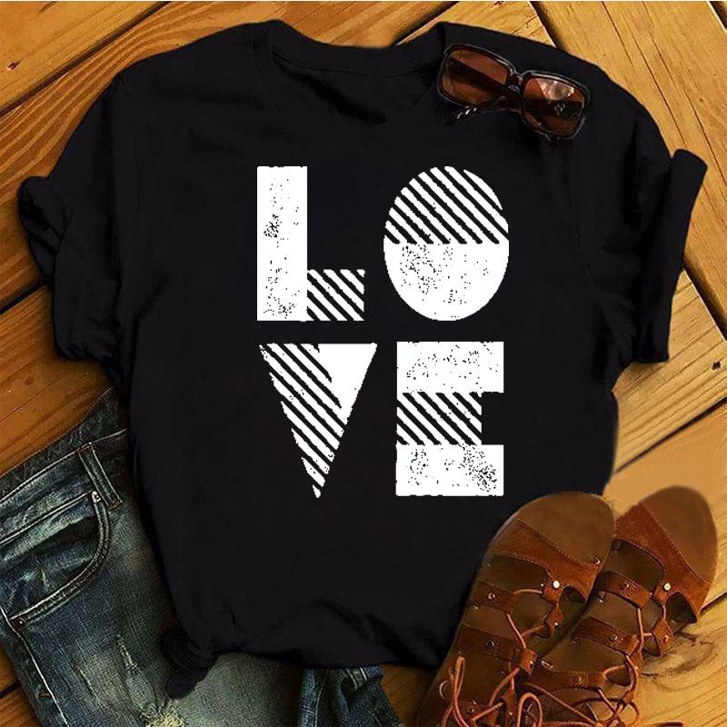 Love Font Geometric Print T Shirt Women New Fashion Black T Shirt 90S Ladies Casual Tops Female Short Sleeve O-Neck Tee Shirts