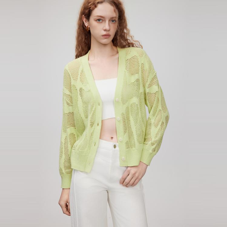 ELLE Hollow Design Cardigan Knitwear Women Tops Light-Green L8SZK165