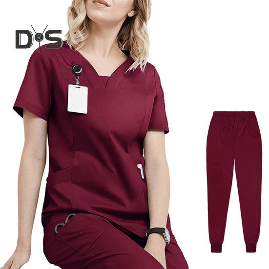 2 stk/sett Dame Sykehusuniformsett V-hals Kort ermet Lommer Topper Elastisk midje Joggebukser Sett Hurtigtørkende Sykehus Tannlege Sykepleierdrakt