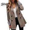 Suit Jacket Women Coat Lapel Long Sleeve Striped Cuffs with Double Breasted Business Outwear Flap Pockets Solid Color Loose Fit