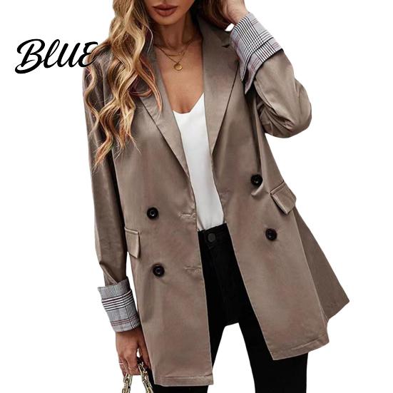 Suit Jacket Women Coat Lapel Long Sleeve Striped Cuffs with Double Breasted Business Outwear Flap Pockets Solid Color Loose Fit