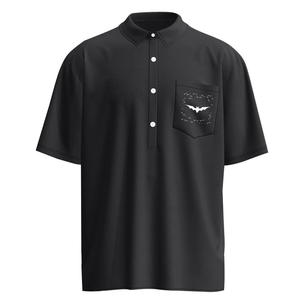 Men's Summer Solid Color Print Four-sided Stretch Lapel Button Pocket Shirt Casual Sports Short-sleeved Top