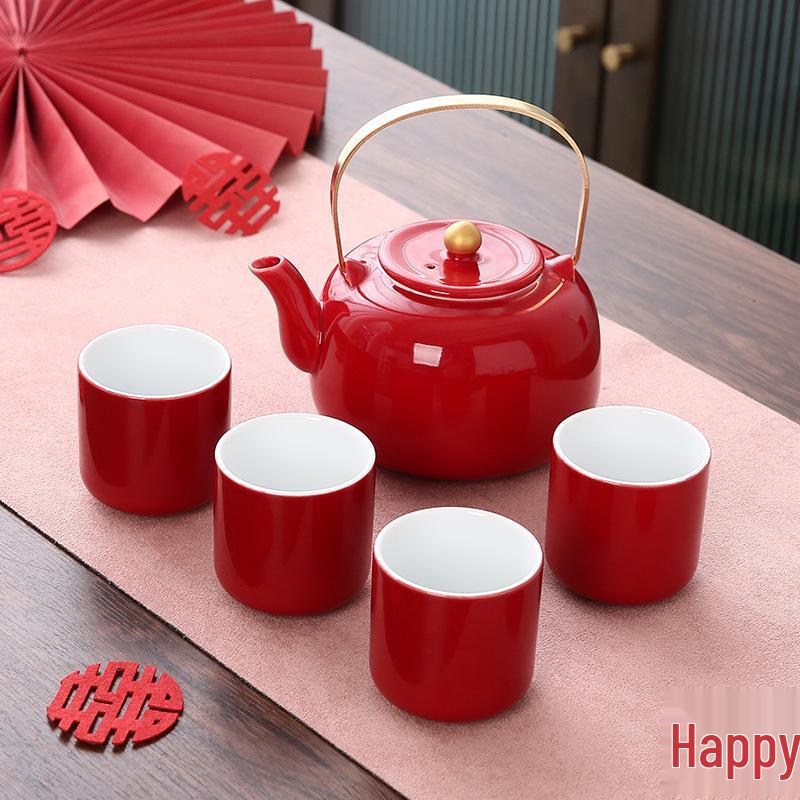 New Style Chinese Wedding Tea Set with Red Tray: Festive Bride Engagement Gift