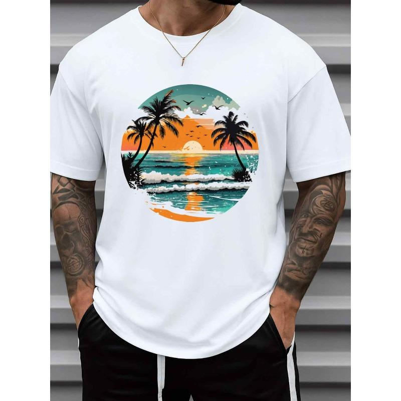 

European sizes Men s T-Shirt with Beach Sunset Vibes & Coastal City Print - White Casual Short Sleeve Round Neck Tee 4XL білий