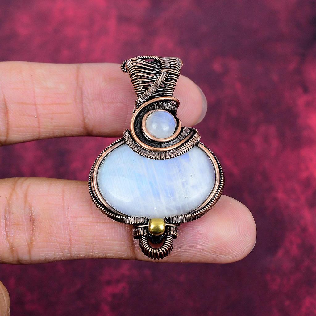 Rainbow Moonstone Pendant Gemstone Handmade Jewelry Copper Wire Wrapped Pendant