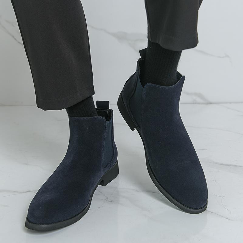 Large Size 38-48 Luxury Blue Men's Chelsea Boot Comfortable Slip-On Suede Leather Boots For Man Pointed Toe Flat Men Ankle Boots