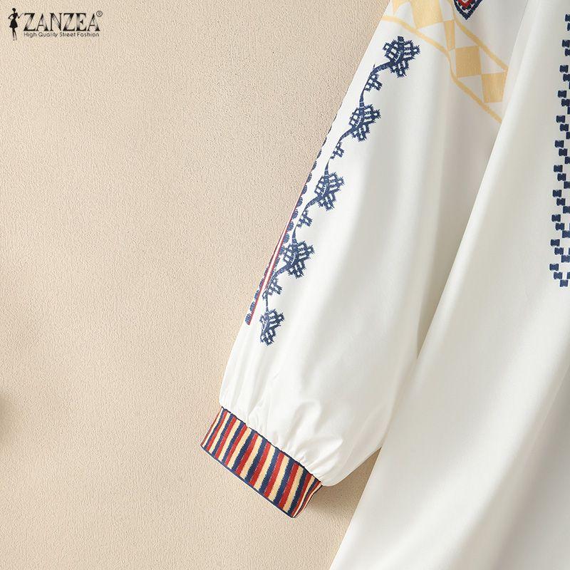 ZANZEA Women Boho Print Summer Casual Round Neck 3/4 Sleeve Blouse