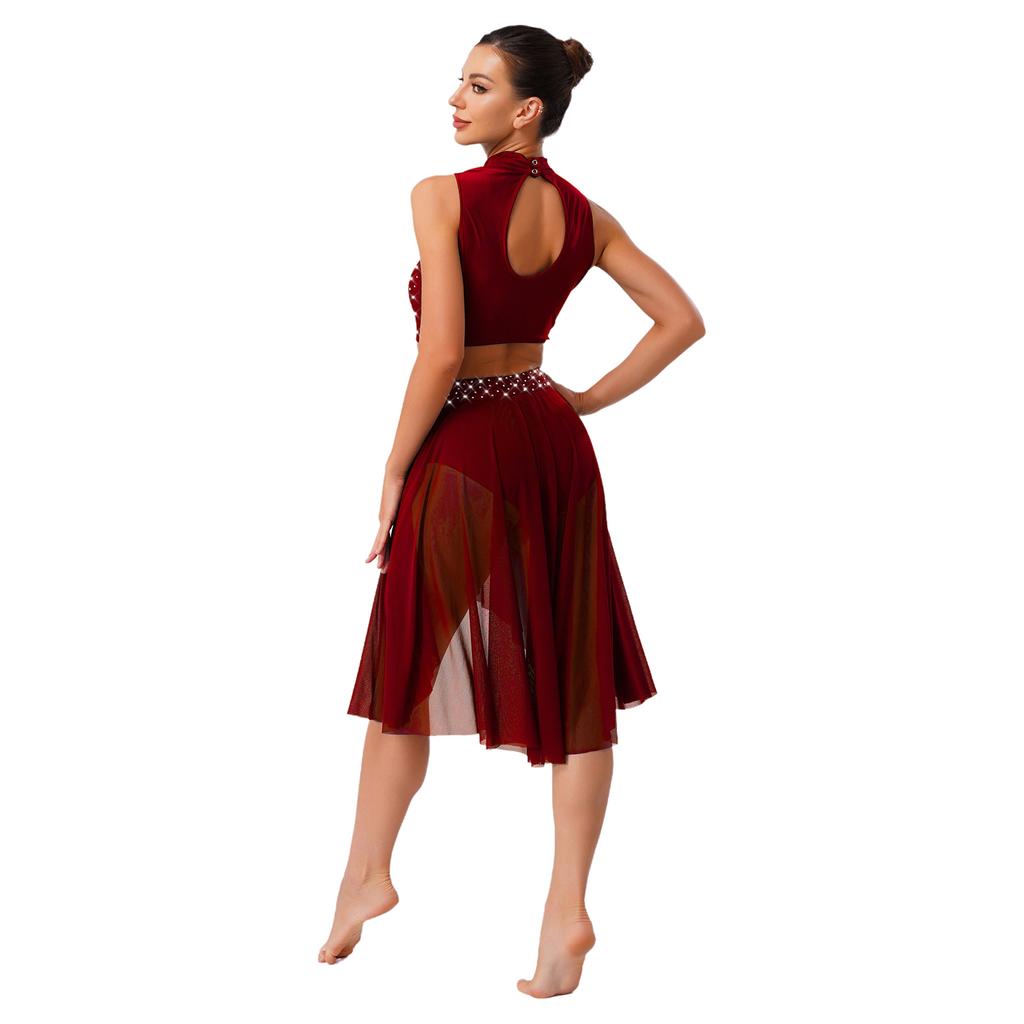 Womens Lyrical Dance Outfits Sleeveless Hollow Out Crop Top Irregular Mesh Hem Briefs Skirt Applique Dancewear Set