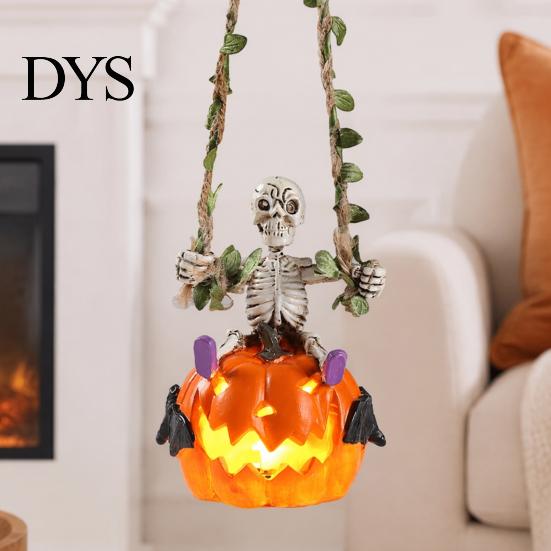 Window Display Accessory Swing Skeleton with Lighted Pumpkin, Light-up Ornament, Halloween Figurine Hanging Statue for Indoor Front Porch Decor Creepy
