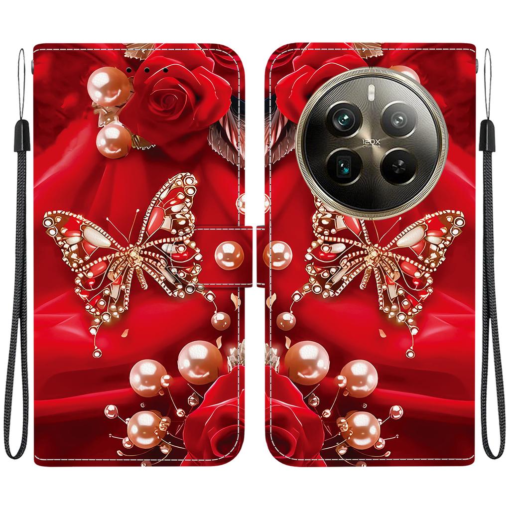 Handmade PU Leather Flip Case for Realme 12 Pro+ Anti-Slip Shockproof Cover with Wrist Strap & Heart/Rose Cat Designs