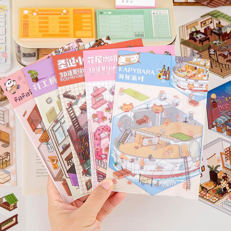 Cartoon süße 3D DIY Landschaftsbau Aufkleber Miniatur Szene visuelle Stapeln Aufkleber kreative DIY Dekoration Aufkleber Geschenke