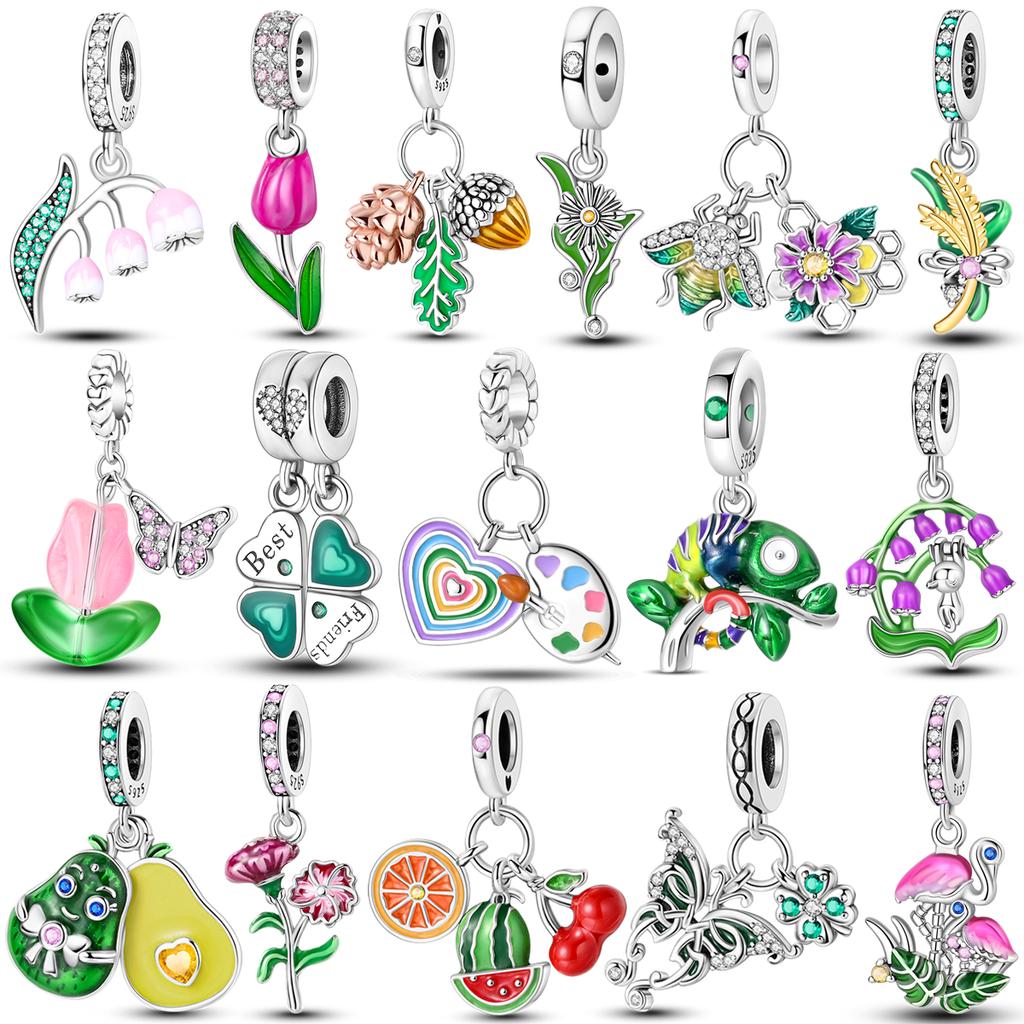 Cactus Avocado Pendant Diy Green Series Tree Charm Copper Beads Fit Original Bangle Charms Bracelet Women Jewelry