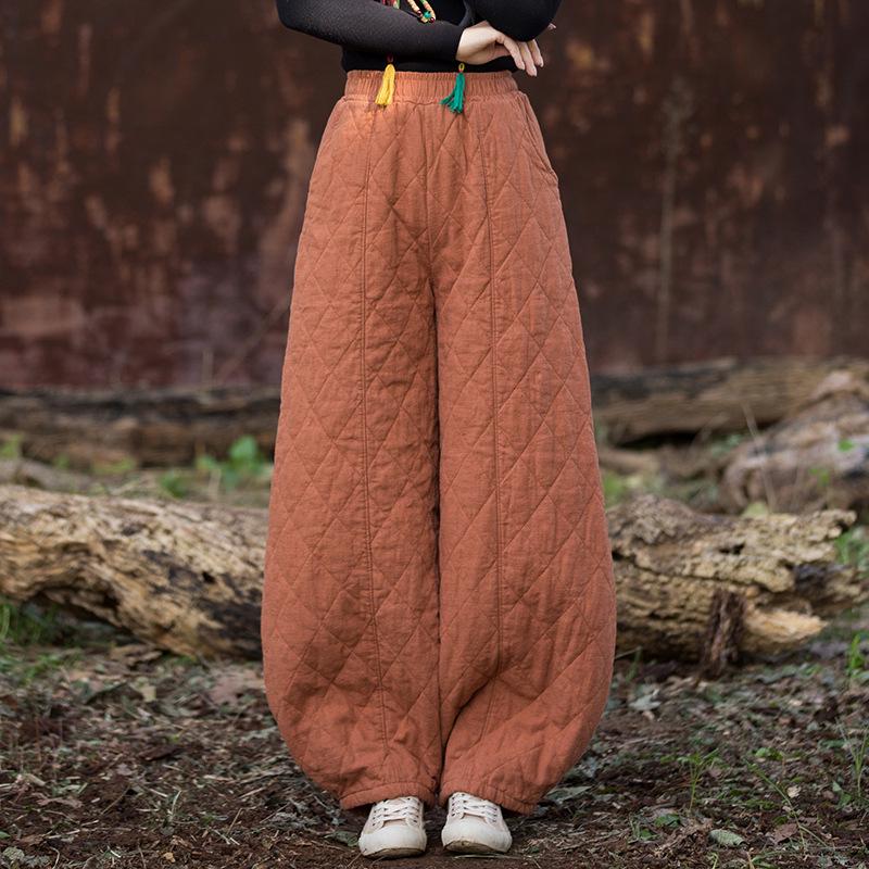 2025 Winter Women's Retro Quilted Diamond Pattern Lantern Pants - Thick Warm Cotton Linen