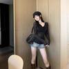 Sparkling Swing Neck Long Sleeve T-Shirt Women's Autumn Pure Desire Spice Girl Sexy See-Through Top Mesh Bottom Shirt