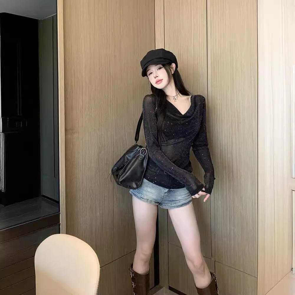 Sparkling Swing Neck Long Sleeve T-Shirt Women's Autumn Pure Desire Spice Girl Sexy See-Through Top Mesh Bottom Shirt