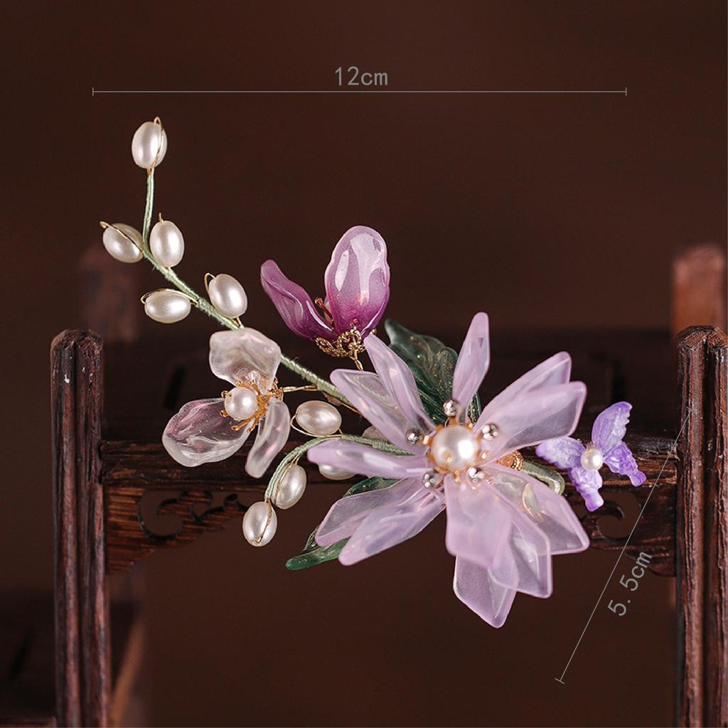 Purple Flower Hair Combs Chinese Hairpins Clips Tassel Pendant Jewelry Women Hanfu Dress Cosplay Pearl Butterfly Headpieces