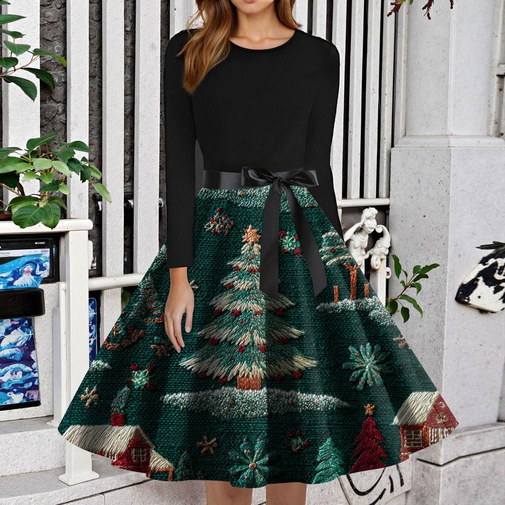 Women's Fashion Round Neck Slim-Fit Christmas Print Long-Sleeved Dress