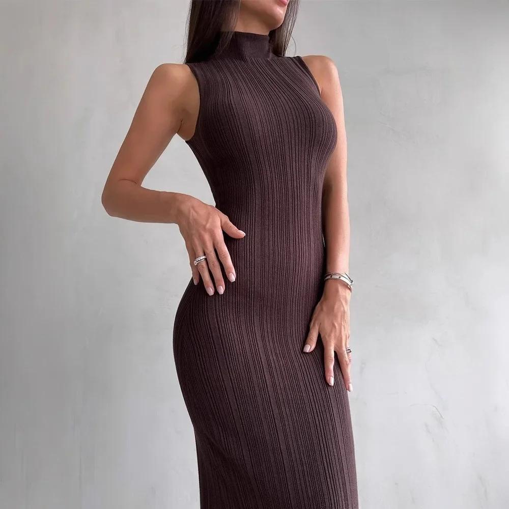 Rochie Midi Tricotată Stil Francez cu Guler Înalt Fără Mâneci Slim Fit Elegantă Primăvară Vară Noutate Rochie Modă Femei