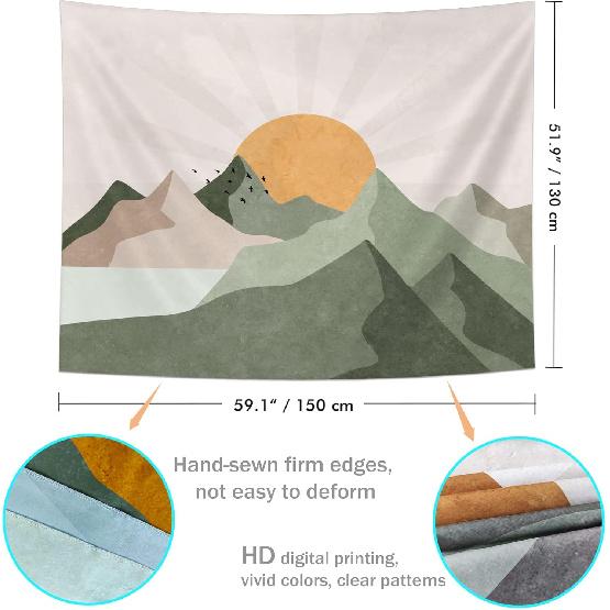 SUOTEMEIFEI Sage Green Mountain Sun Boho Tapestry,Simple Art Sunrise Nature Tapestry Sunset Landscape Abstract Aesthetic Wall Bedroom Living Room