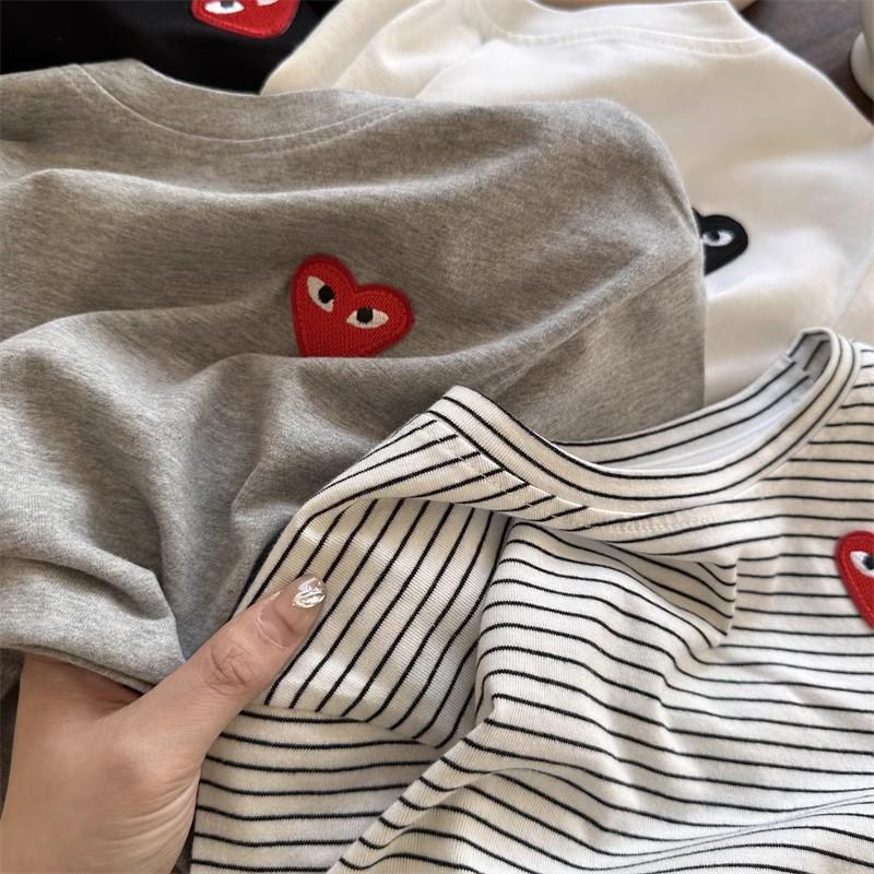 Kids Cotton Striped Heart Short Sleeve T Shirt for Boys and Girls Summer Round Neck Base Layer
