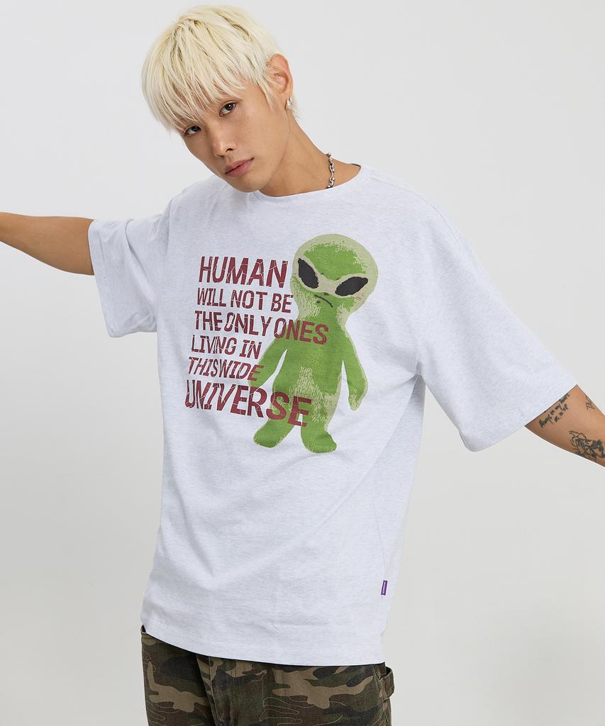 HOODHOOD Alien Slogan Short Sleeve T-Shirt Melange White