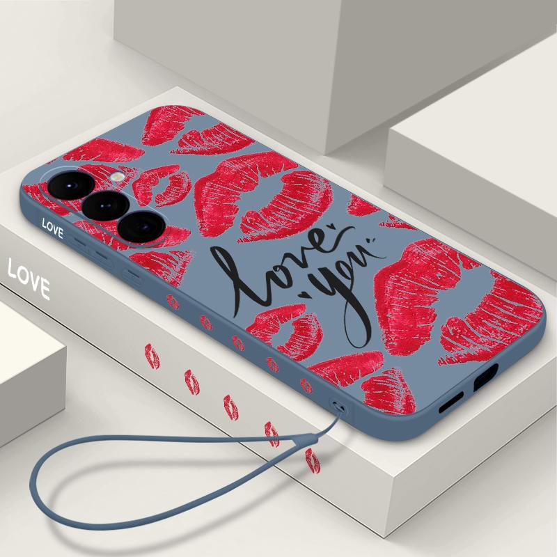 

Мягкий чехол для телефона TPU с принтом губ для Samsung S25 Ultra S24 FE S23 S22 A16 A36 A55 A35 A06 A25, защитный чехол для объектива со шнурком, тонкий противоударный матовый бампер Samsung S24 FE светло-серый/красный