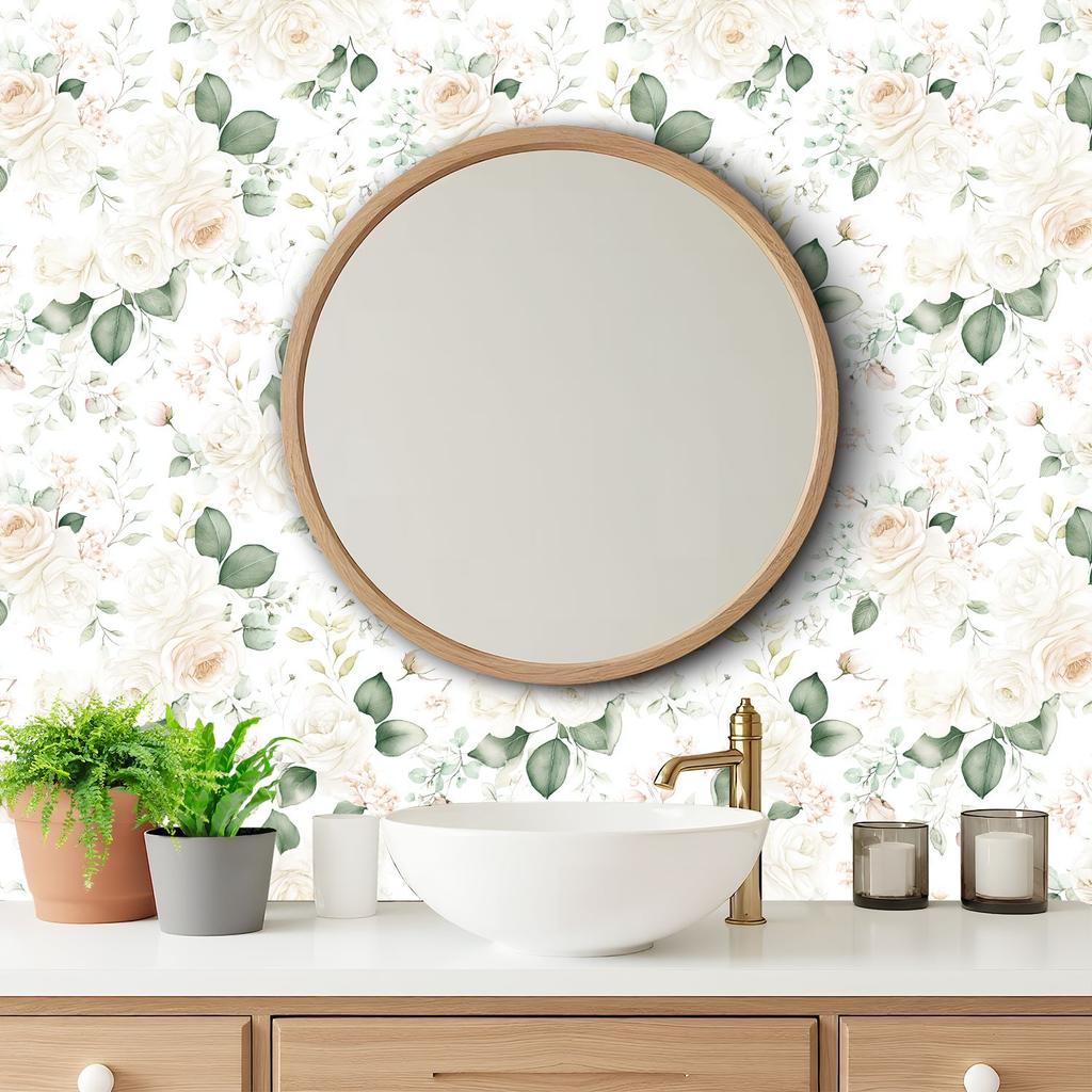 Watercolor White Roses Wallpaper 22.83"X118" Waterproof Wallpaper for Living Room/Bedroom/Bathroom PVC Wall Sticker