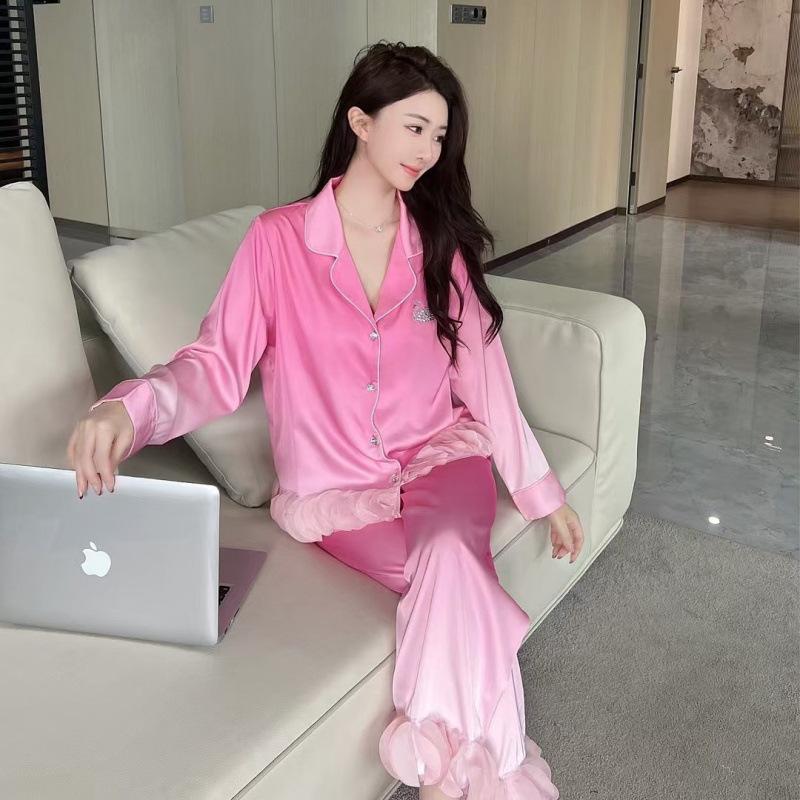 1011 Spring and Autumn New Ice Silk Pajamas Women's Light Luxury Lace French Satin Gradual Change Color High-end Loungewear Set