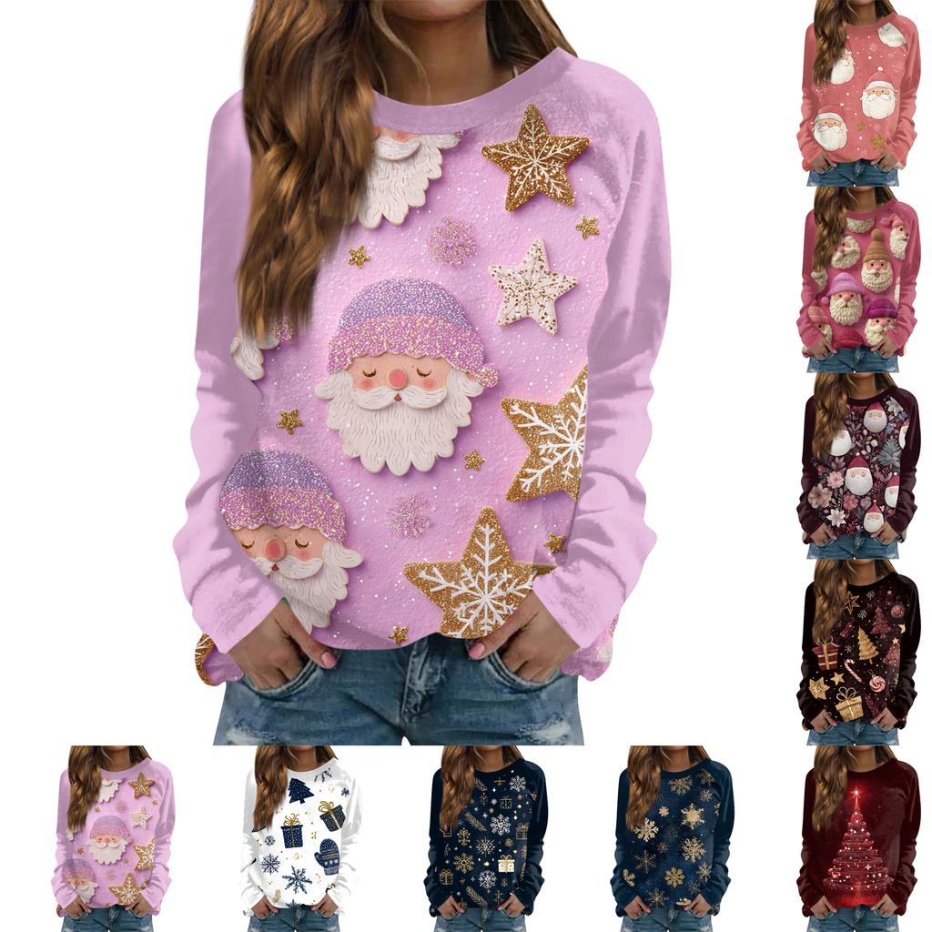 Women's Fashion Casual Long Sleeve Christmas Printed  Neck Sweatshirt Top