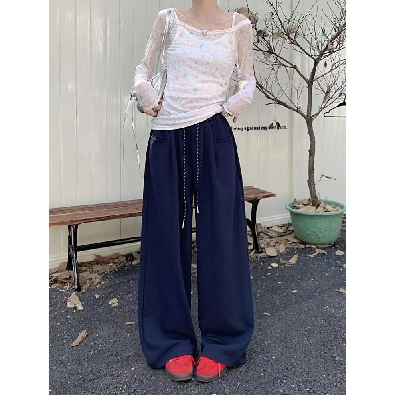 New solid color wide-leg pants, loose and drapey casual long pants for women, autumn drawstring straight pants