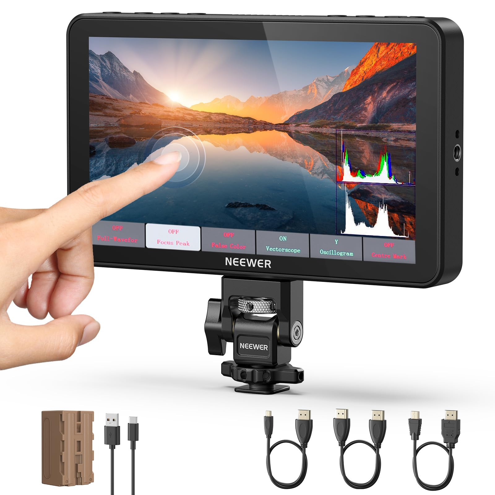 

NEEWER F700 Camera Field 2000nit HD 1920x1080 IPS Touchscreen with 3D 4K HDMI Loop Peak Focus DSLR Video Assist HDR Cold Shoe 5200mAh Battery Cable 7