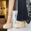 Wind round head satin word with high heels, light mouth waterproof table thick heel women's shoes, super high heel single shoes women