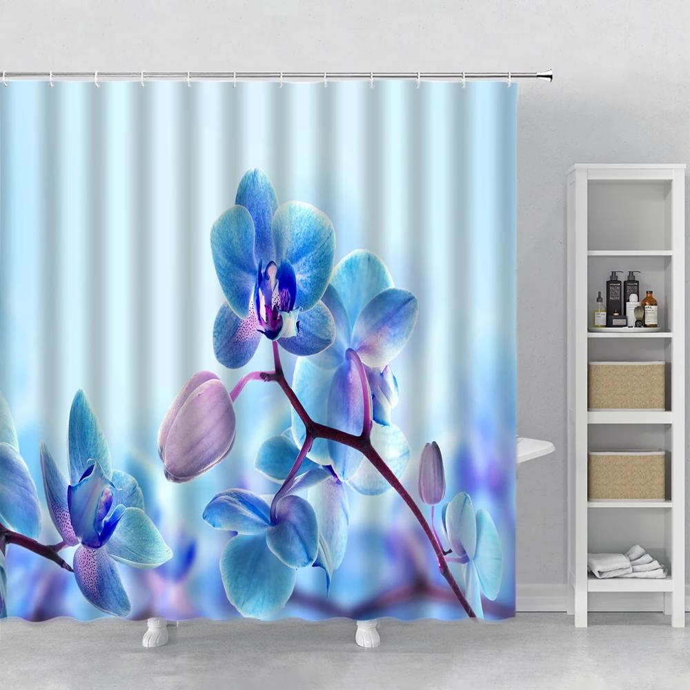 Flower Shower Curtain Set Orchid Teal Rose Plant Floral Leaves Print Bathroom Decor Fabric Bath Curtain Bathtub Accessories Hook