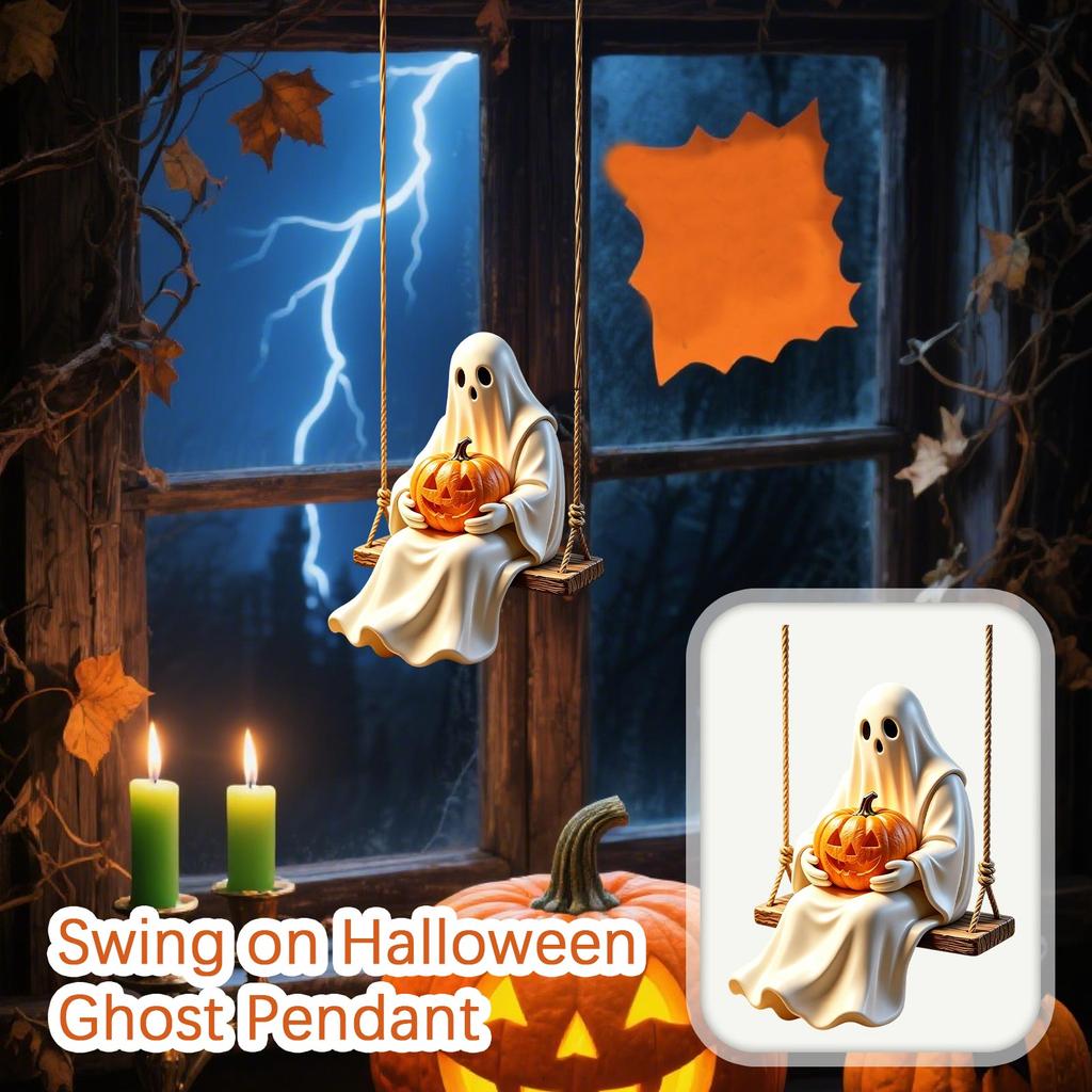 Swinging Ghost Hanging Decoration with Jack O Lantern for Indoor Outdoor Halloween Scene Setup Party Prop Ornament