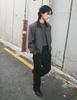 Pokeopeiseu Herringbone Belted Straight Flare Trousers Black