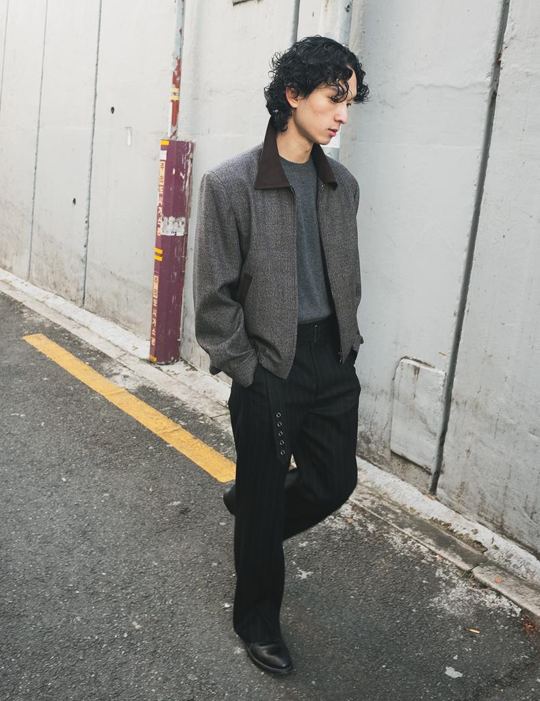 Pokeopeiseu Herringbone Belted Straight Flare Trousers Black