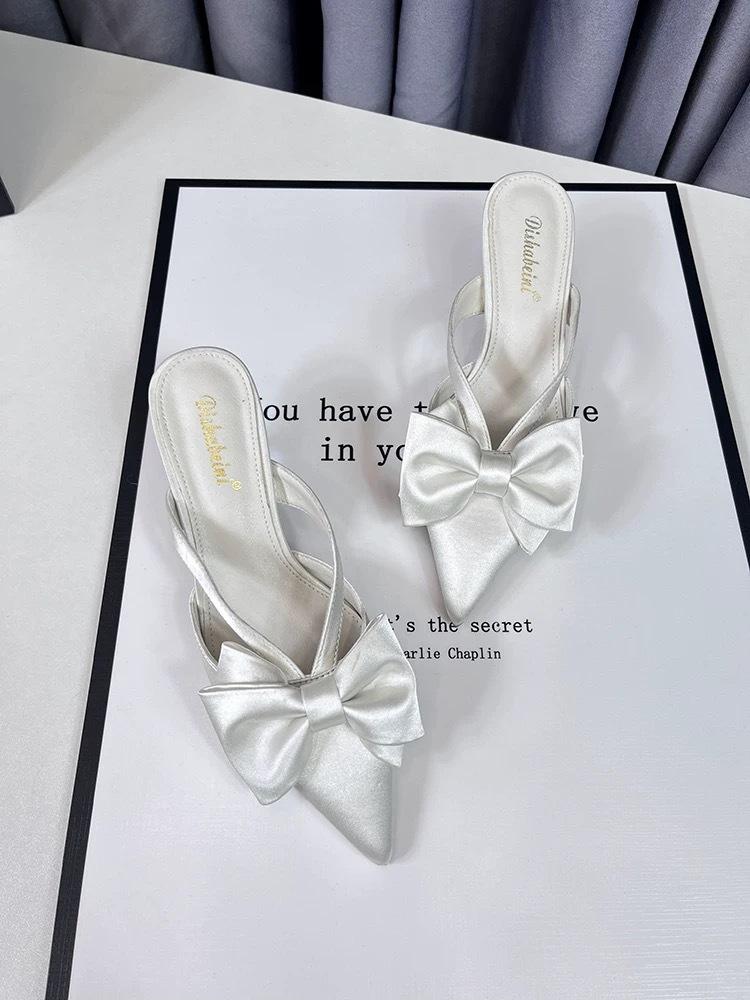 Bow Bag Head Half Slippers Women's 2025 Summer New Satin-faced Stiletto Slippers Pointed Stiletto Empty Slippers