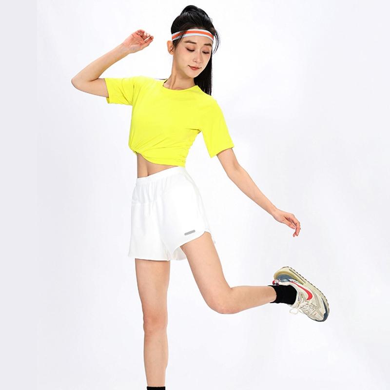 Shorts de corrida femininos com 5 bolsos, secagem rápida, camada dupla, anti-exposição, refletivo, para maratona