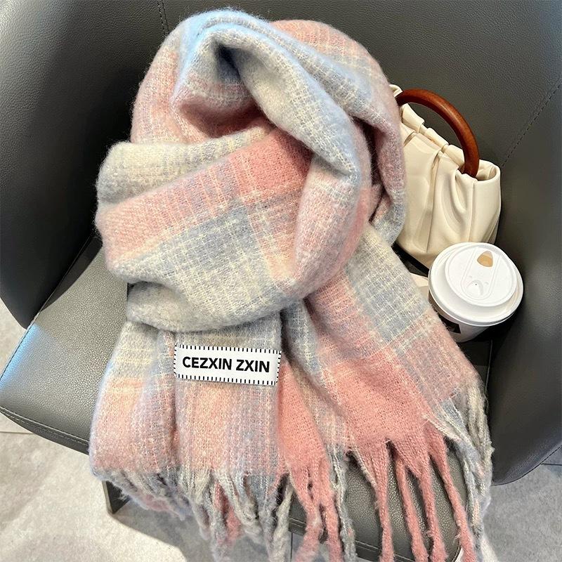 

Autumn Winter Atmosphere Plaid Scarf Women Men Couple Thickened Mohair-Like Cashmere Student Warm Neck Wrap One Size