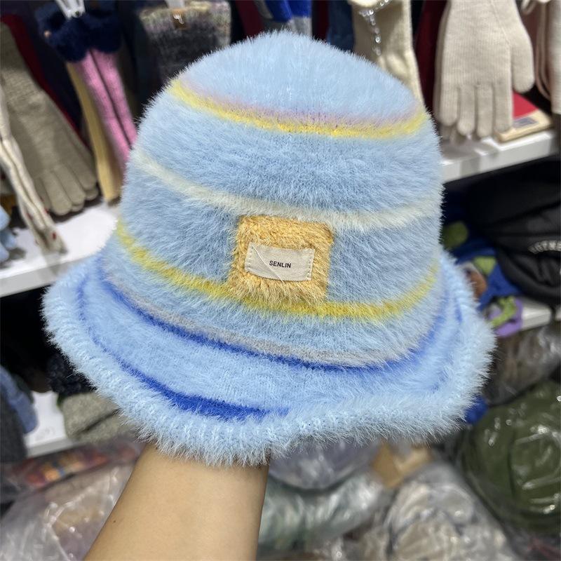 Autumn and Winter Imitation Mink Striped Knitted Wide-brimmed Bucket Hat for Men and Women, Small Fresh College Style Warm Basin Hat