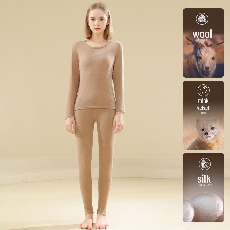 Women's Self-Heating Thermal Underwear Set - Double-Sided Plush, Seamless, Constant Temperature; Includes Top and Bottoms for Autumn.