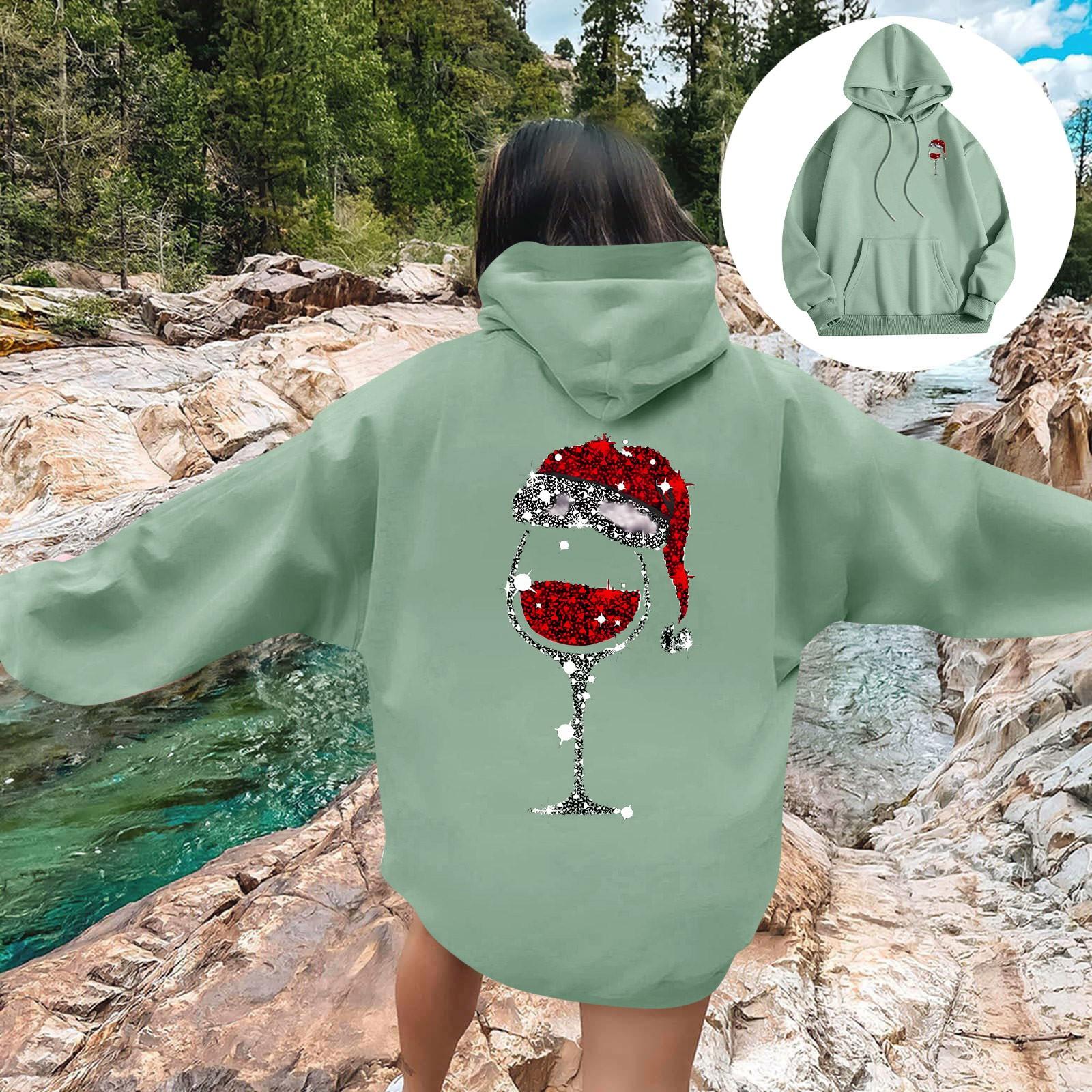 

Женская мода повседневный свободный рождественский мелкий принт топ с капюшоном на шнурке S зелёный