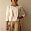 Damen Freizeit Bluse Lockere Passform Rundhals Faltenfront Hemd Dreiviertel Ärmel Leichtes Oberteil für den Alltag